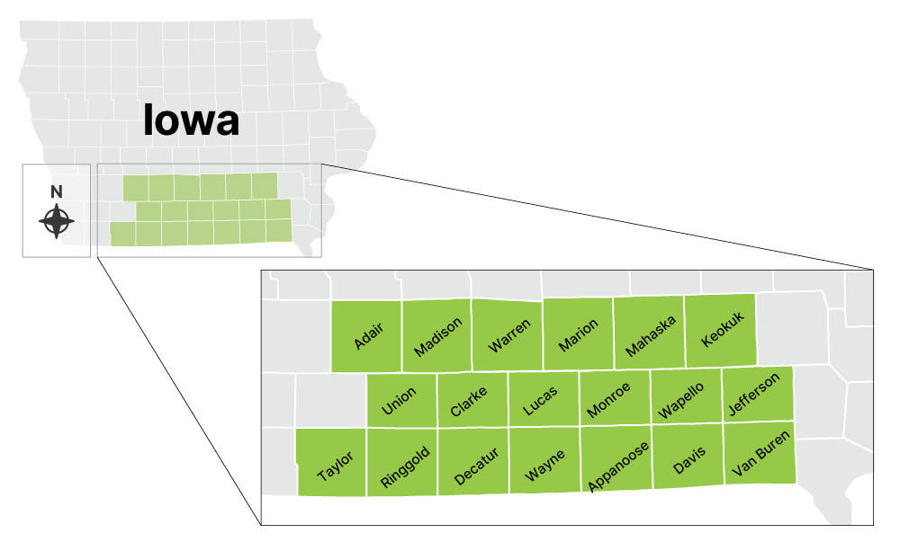 Iowa south central counties switchgrass eligibility map